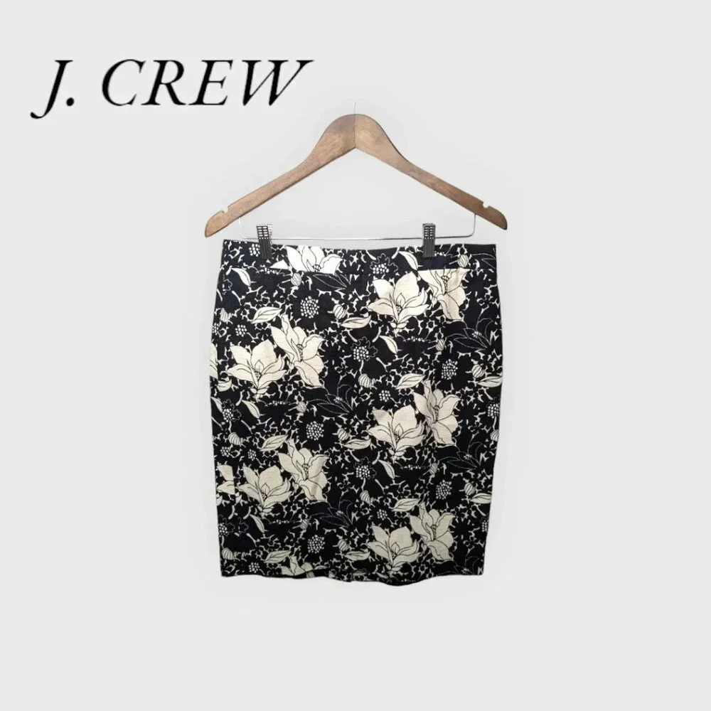 NWOT J. Crew Basketweave Pencil Skirt B8203 Womens Size 8 Black & Ivory Floral